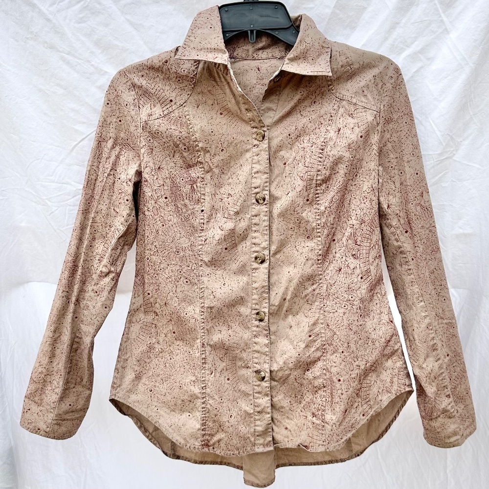 Western Paisley Print Tan and Burgundy Button Down Tortoise Shell Cotton Shirt